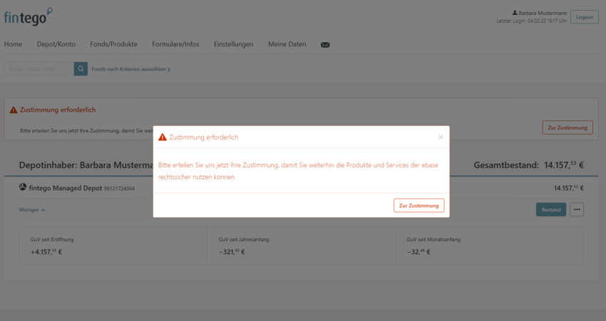Online Banking Abbildung des Zustimmungsprozesses im Online Banking