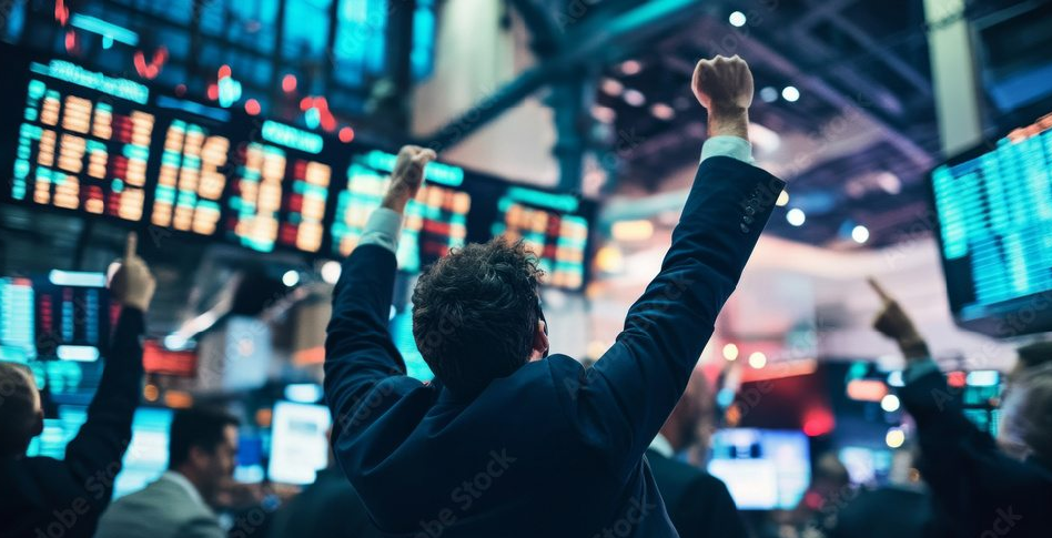 Bild jubelnde Männer an der Börse Broker jubeln